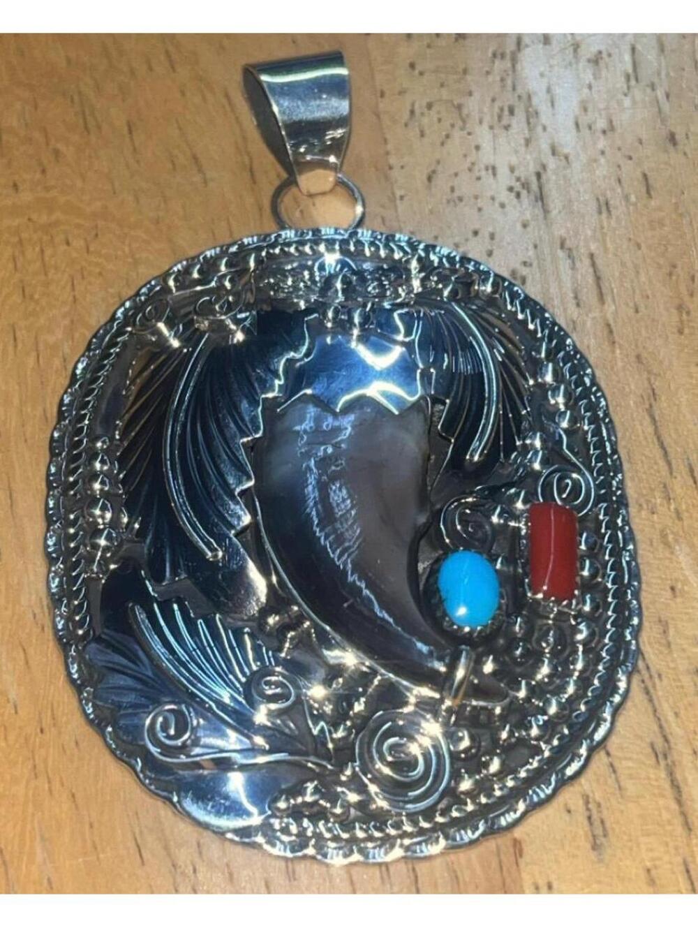 Navajo sterling silver spiritual turquoise coral bear pendant -George Etcitty